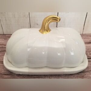 White and Gold Ceramic Pumpkin Butter Dish